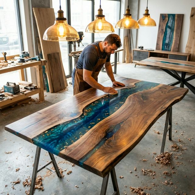 Table rivière en résine époxy artisanale